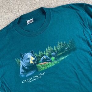 Vintage Great‎ Smoky Mountains Bear Graphic T Mens XL Teal Eagle Products USA